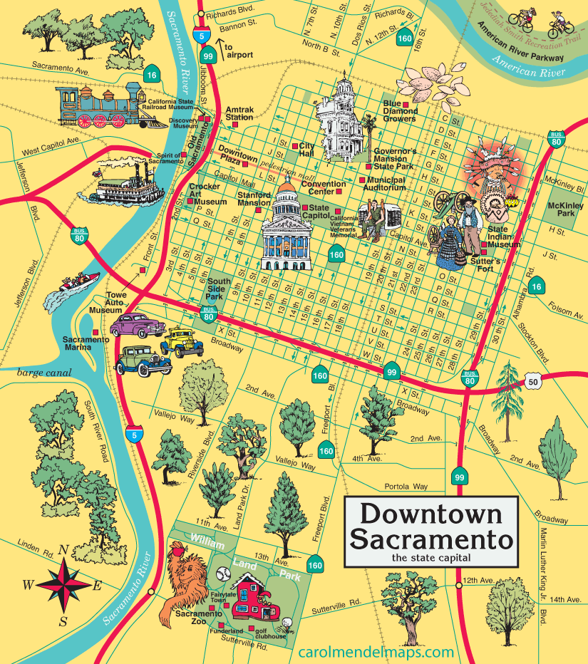 pictorial, illustrated map of downtown Sacramento
