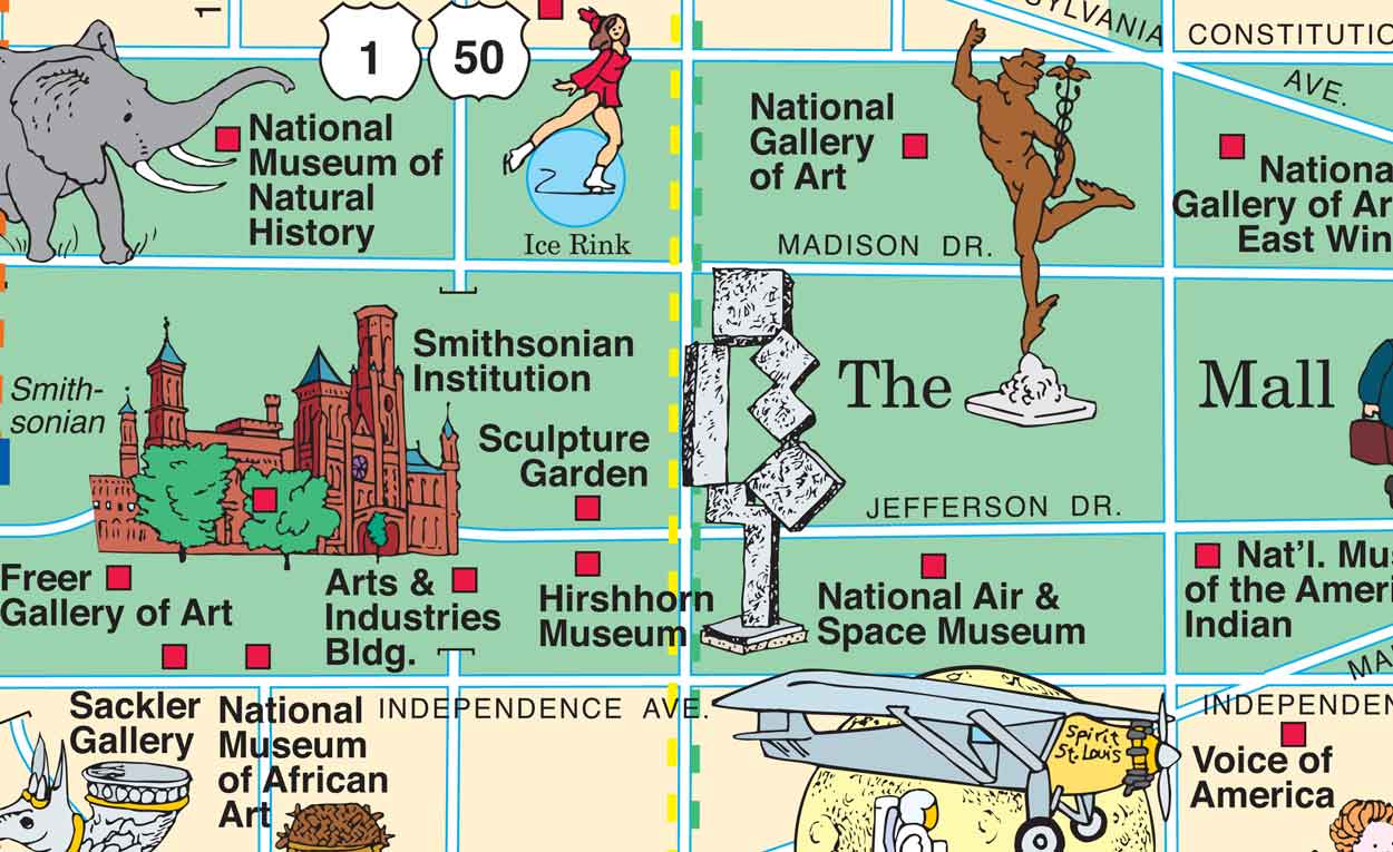 section of the pictorial Washington DC map around the National Mall
