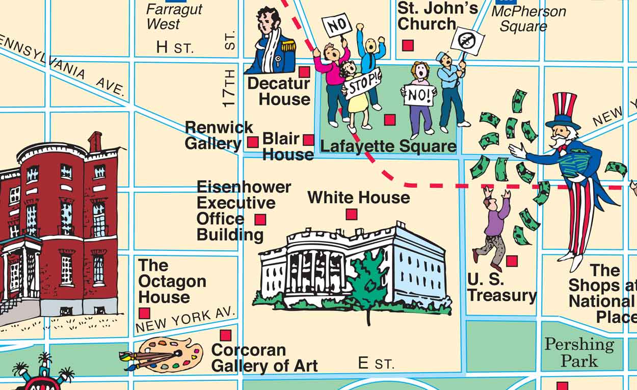 section of the illustrated Washington DC map near the White House
