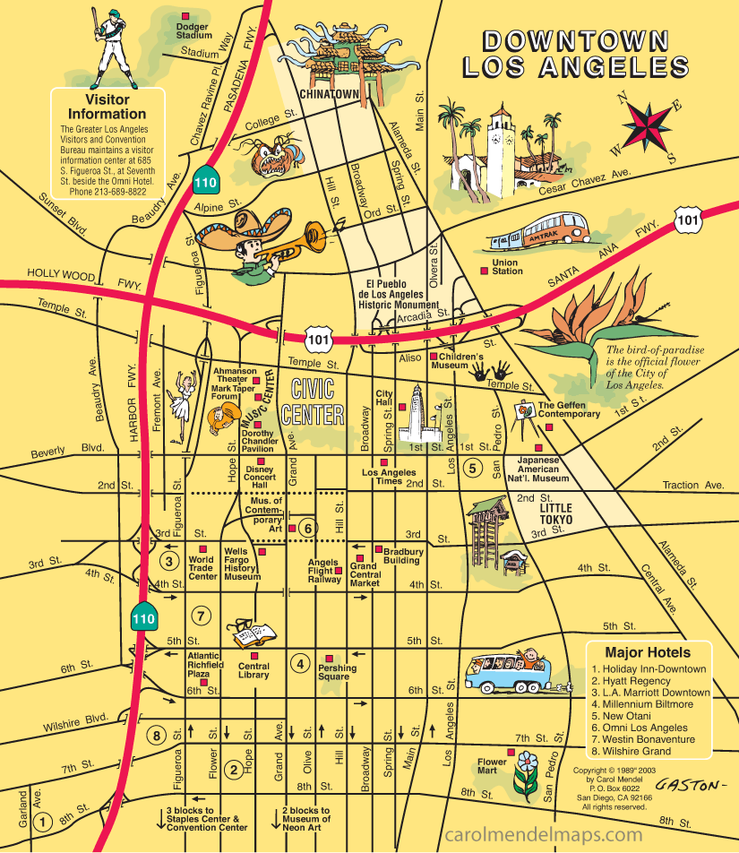 pictorial, illustrated map of downtown Los Angeles