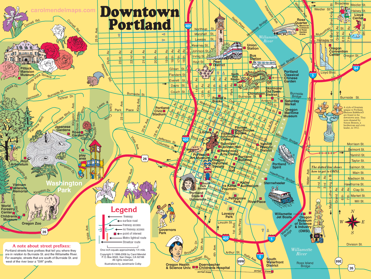 pictorial, illustrated map of downtown Portland