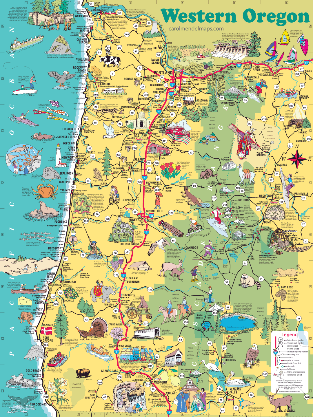 pictorial, illustrated map of western Oregon