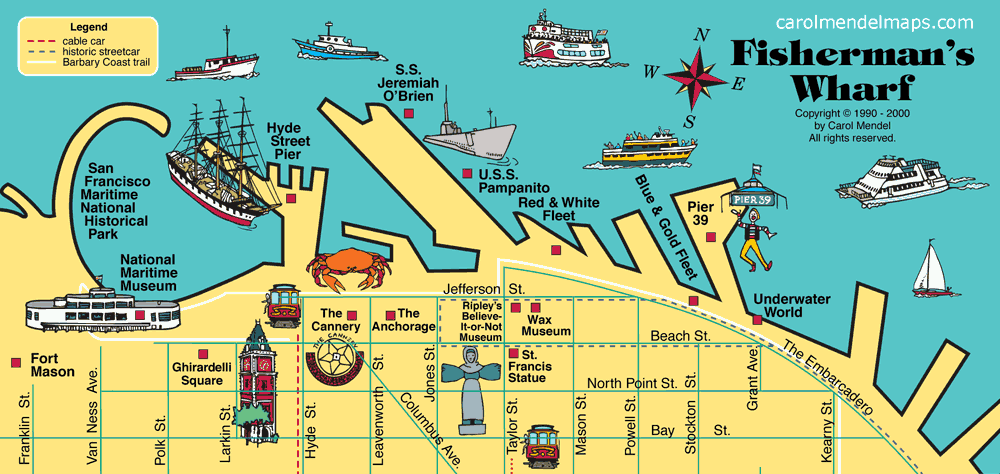 pictorial, illustrated map of Fisherman's Wharf, San Francisco